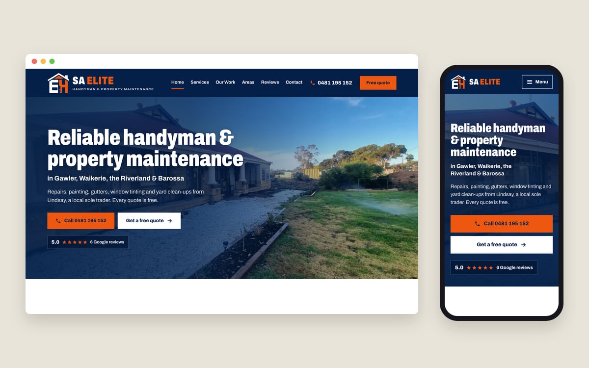 The SA Elite Handyman homepage on a desktop screen and a phone: “Reliable handyman & property maintenance in Gawler, Waikerie, the Riverland & Barossa”, with Call and Get a free quote buttons.