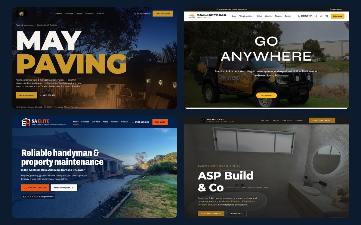 Four Gawler websites built by JB Digital Barossa: the May Paving, Roam Offroad, SA Elite Handyman and ASP Build & Co homepages.
