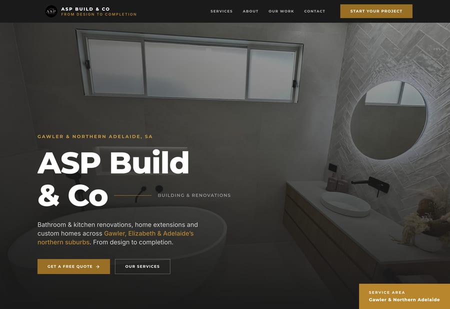 The ASP Build & Co homepage, a Gawler and northern Adelaide builder website by JB Digital Barossa, showing a finished bathroom renovation.