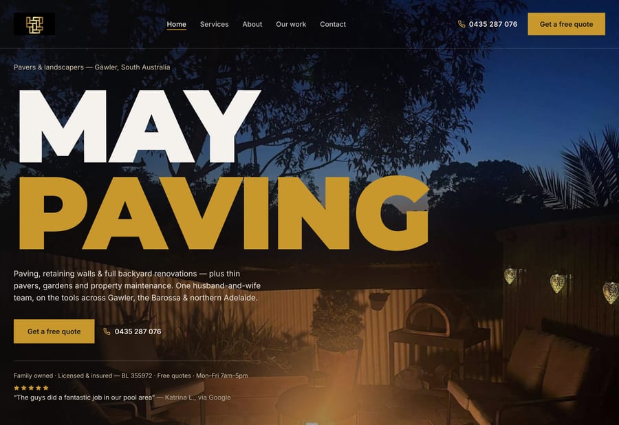 The May Paving homepage, a Gawler paving and landscaping website by JB Digital Barossa, with the headline May Paving over a lit backyard courtyard.