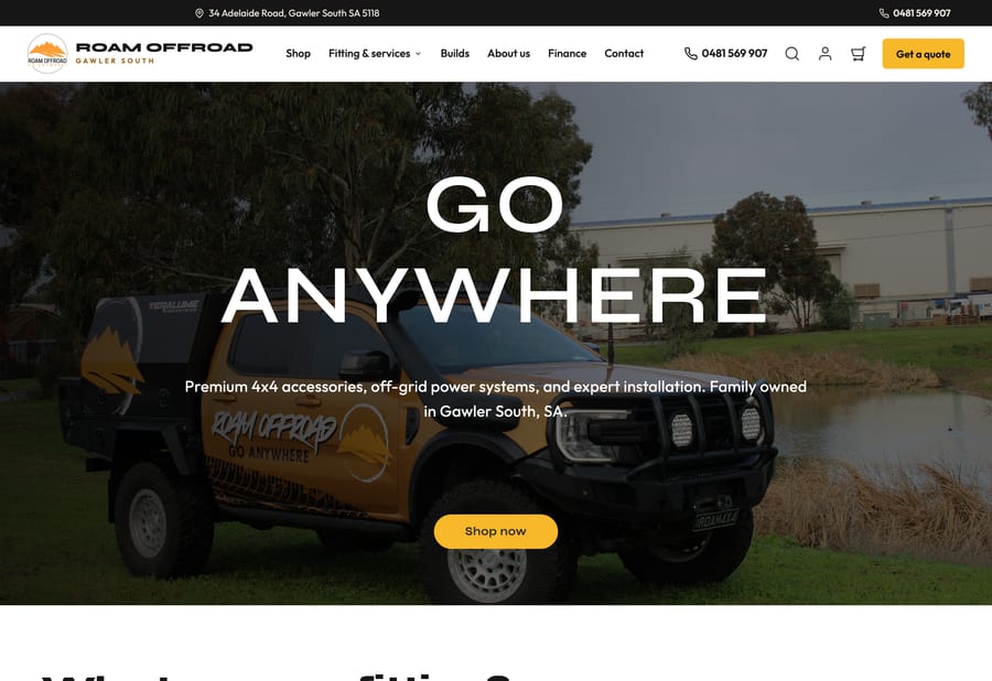 The Roam Offroad homepage, a Gawler South 4x4 store on Shopify rebuilt by JB Digital Barossa, with a fitted-out ute and the headline Go Anywhere.
