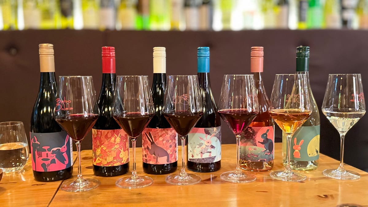 A row of The Angry Rabbit wine bottles with brightly illustrated labels, each with a filled glass in front.