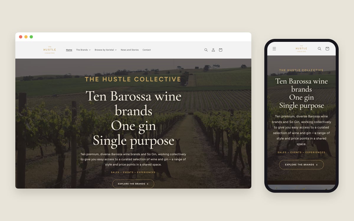The Hustle Collective online store on a desktop screen and a phone, showing kangaroos in a Barossa vineyard and the brand wall.