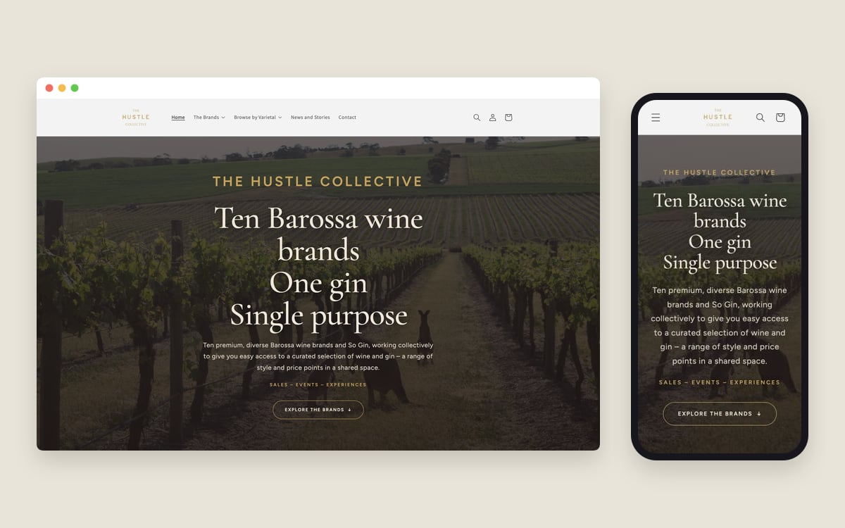 The Hustle Collective website on desktop and mobile, with a Barossa vineyard hero and “Ten Barossa wine brands, One gin”