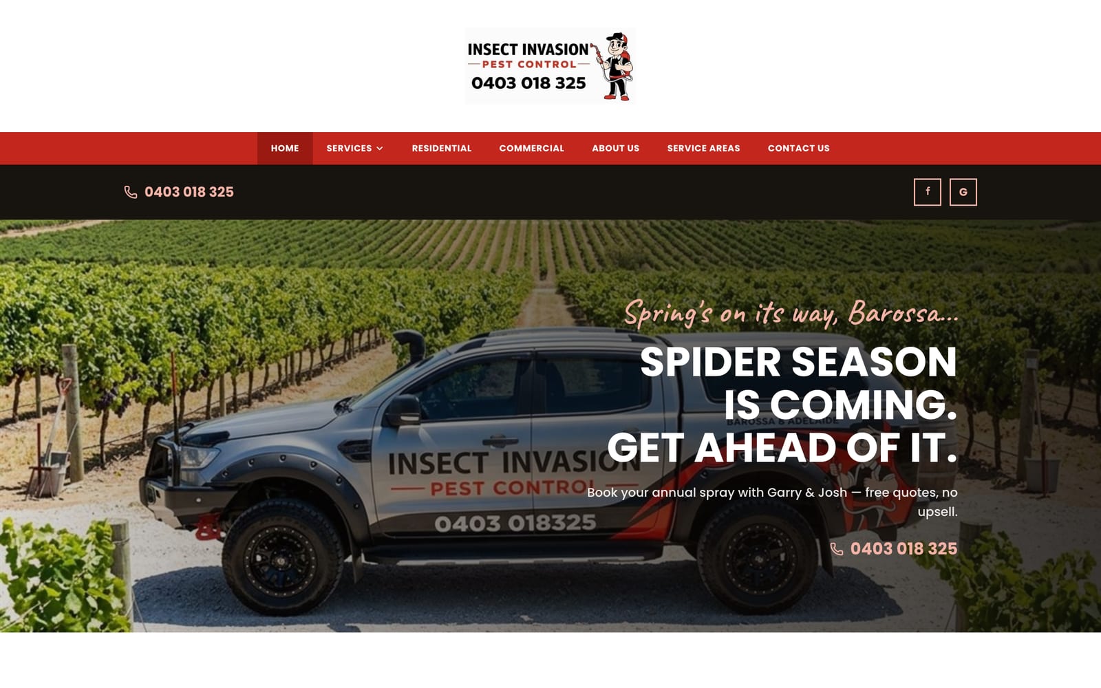 Insect Invasion's overhauled homepage — the pest-control ute parked in a Barossa vineyard.