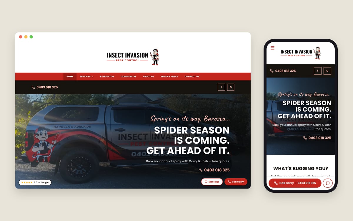The Insect Invasion Pest Control homepage on a desktop screen and a phone, one of the websites we built and look after.