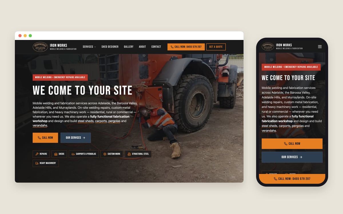The Iron Works Mobile Welding website on a desktop screen and a phone, showing a welder at work on a rural job.