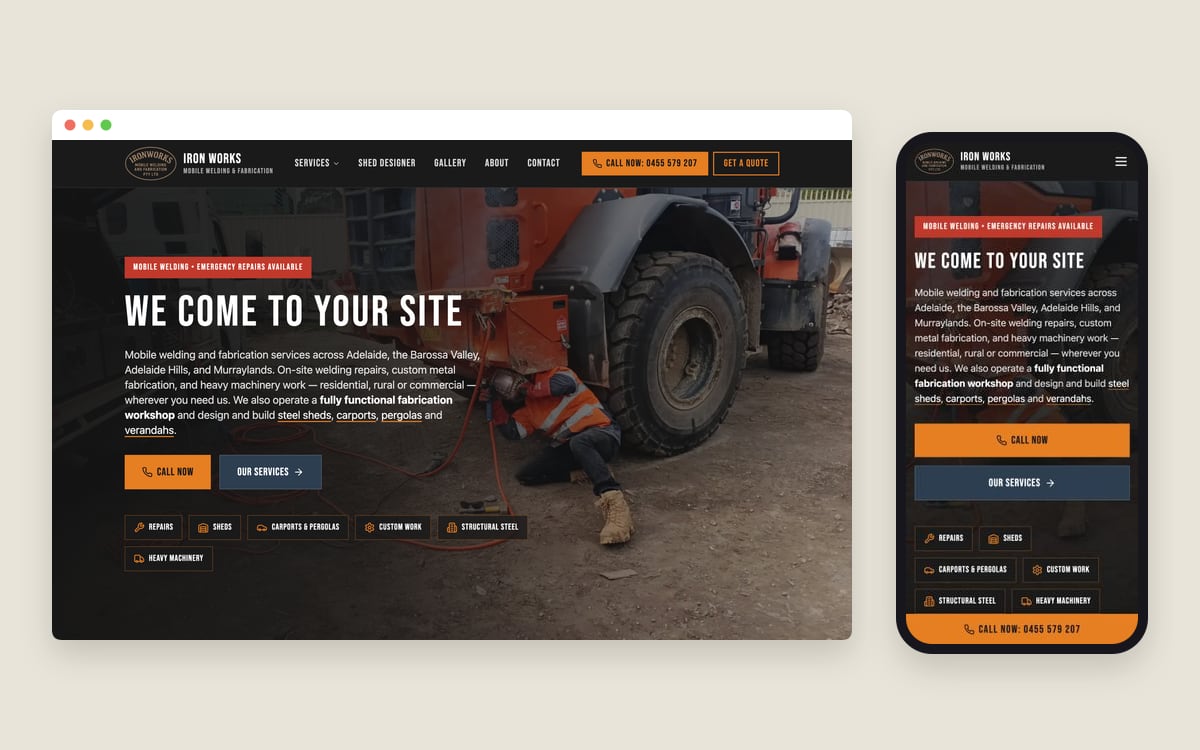 Iron Works Mobile Welding website on desktop and mobile, with a welder repairing a loader under “We come to your site”