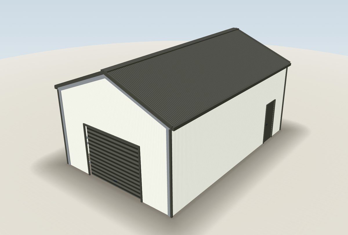 3D view of the customer's design in the Iron Works Shed & Carport Designer: a 6 by 9 metre gable shed with a Woodland Grey roof and roller door, Dover White walls and a PA door on the side.