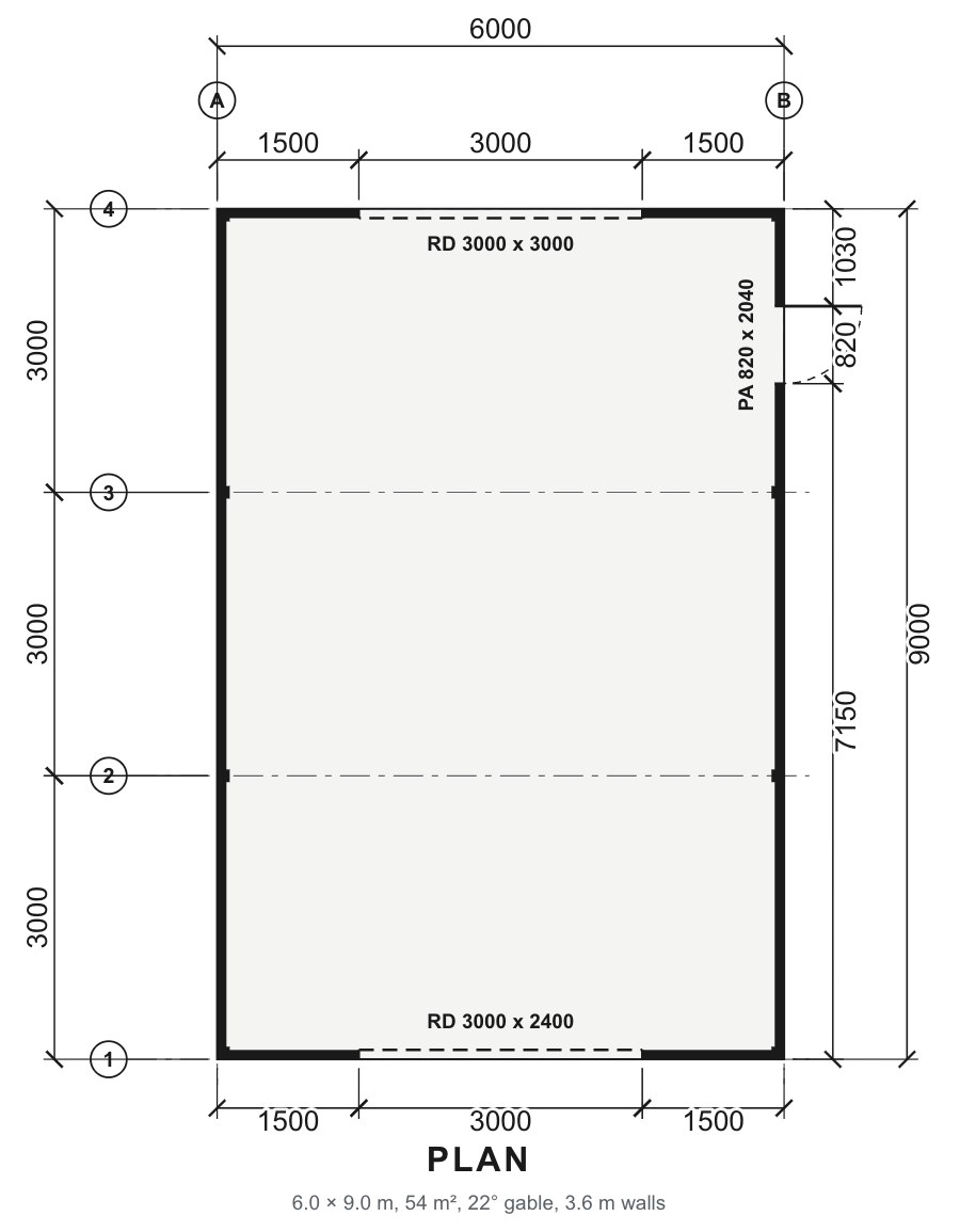 The designer's dimensioned floor plan of the same shed: 6000 by 9000 mm, three 3000 mm bays, a 3000 by 2400 roller door at the front, a 3000 by 3000 roller door at the back and an 820 mm PA door on the side.