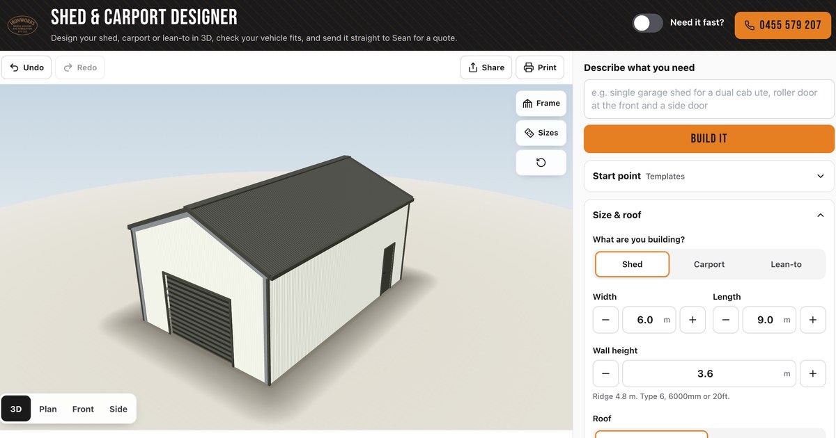 Screenshot of the Shed & Carport Designer on the Iron Works Mobile Welding website with the customer's design loaded: a 6 by 9 metre gable shed with a Woodland Grey roof and roller door and Dover White walls, shown in 3D next to the size and roof settings.