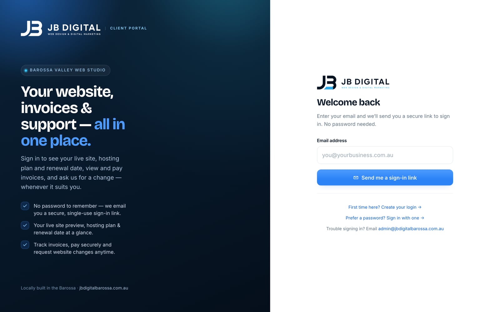 The JB Digital Barossa client portal on a laptop, showing enquiries, billing and the monthly report for a client site.