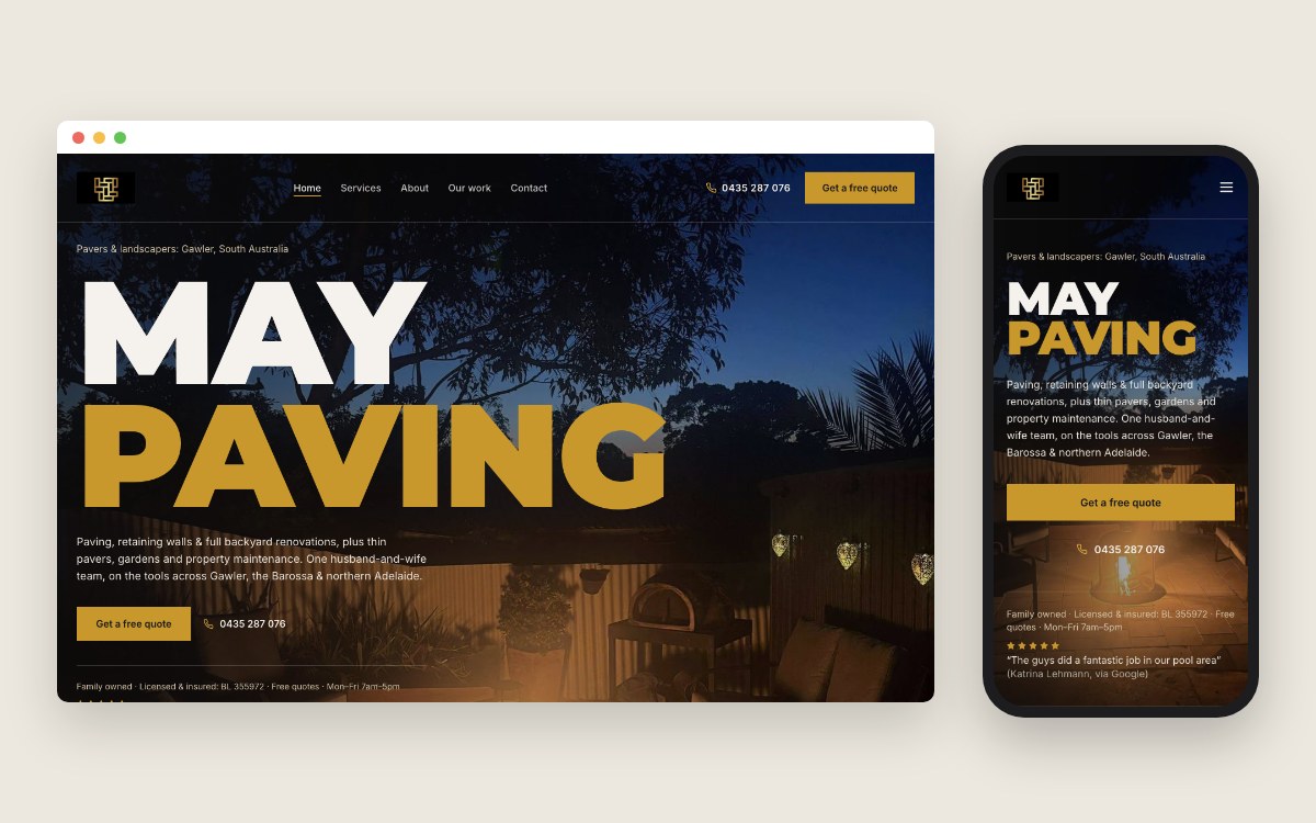 The May Paving homepage on a desktop screen and a phone: a big MAY PAVING heading in white and gold over a lit backyard at dusk, with a Get a free quote button.