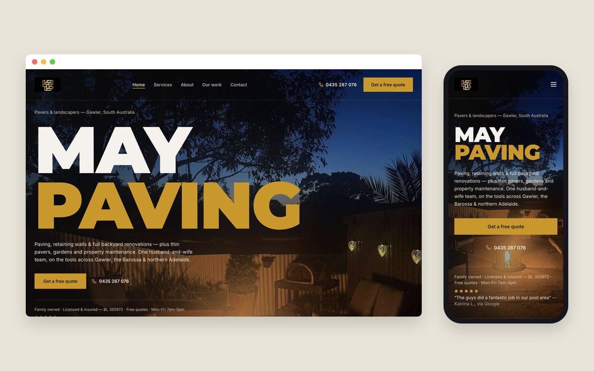 The May Paving homepage on a desktop screen and a phone, with MAY PAVING in bold white and gold type over a backyard job at dusk.