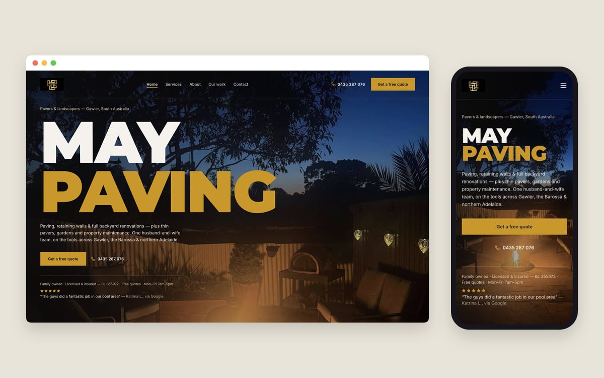 May Paving website shown on desktop and mobile, with dusk backyard paving and an outdoor living area