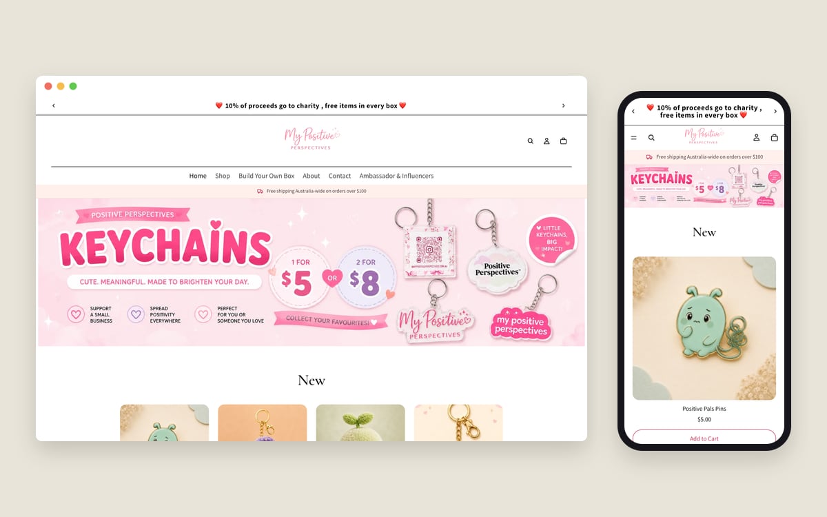 The My Positive Perspectives store homepage on a desktop screen and a phone, with a pink keychains banner and the New products row starting with the Positive Pals pins.