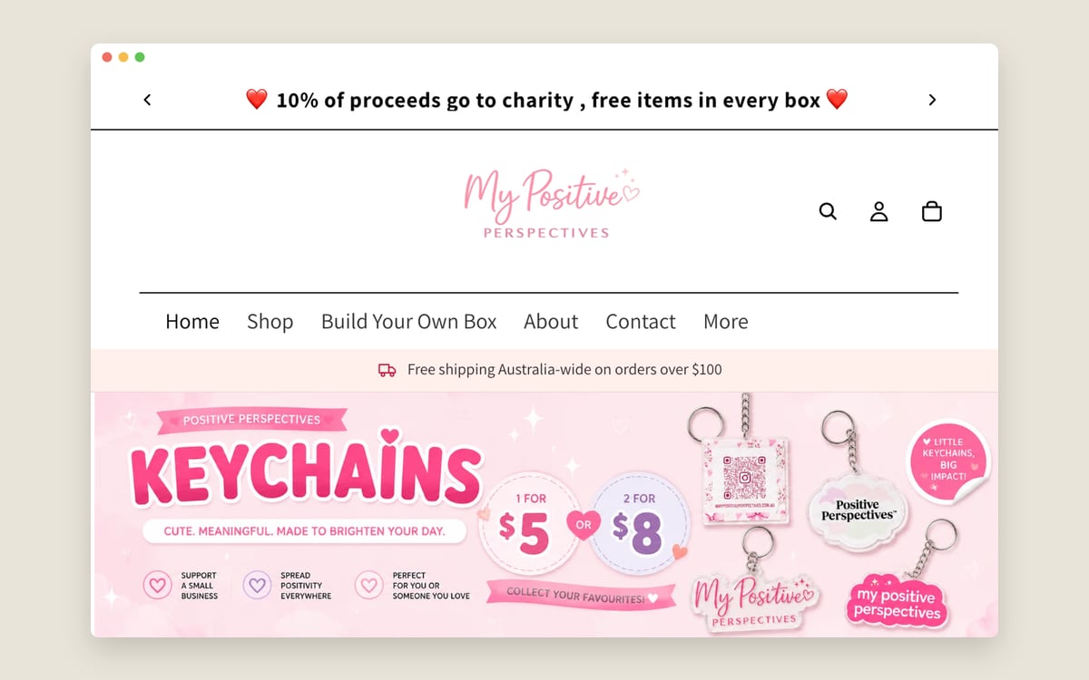 The My Positive Perspectives homepage on desktop — keychains, gift boxes and care packages by Cialee, supported by JB Digital Barossa.