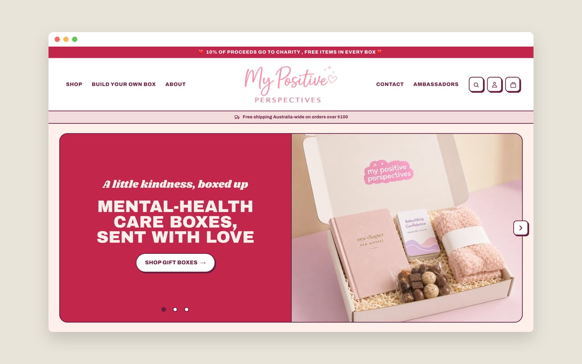 The My Positive Perspectives homepage on desktop: mental-health care boxes, gift boxes and care packages by Cialee, supported by JB Digital Barossa.