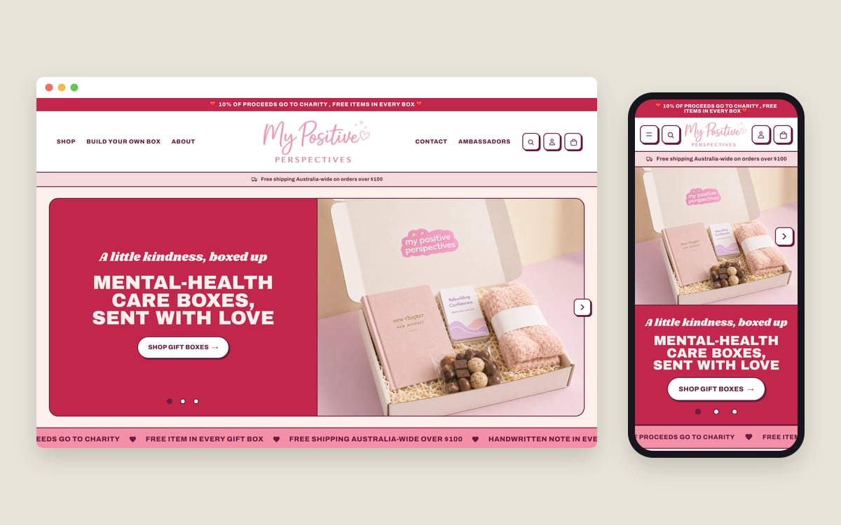 The My Positive Perspectives Shopify store homepage on a desktop screen and a phone, the store we moved from Wix to Shopify.