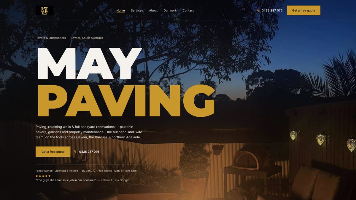 The May Paving homepage built by JB Digital Barossa: “May Paving, pavers & landscapers, Gawler, South Australia” over a lit backyard at dusk.