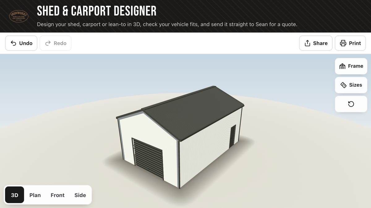 Screenshot of the Shed & Carport Designer on the Iron Works Mobile Welding website with the customer's 6 by 9 metre gable shed in 3D: Woodland Grey roof and roller door, Dover White walls.