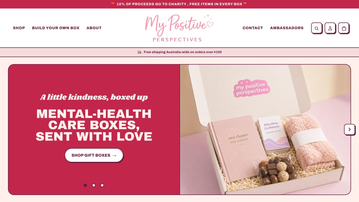 The My Positive Perspectives homepage on Shopify, built by JB Digital Barossa: the “Mental-health care boxes, sent with love” banner with an open gift box, under the store’s logo and menu.