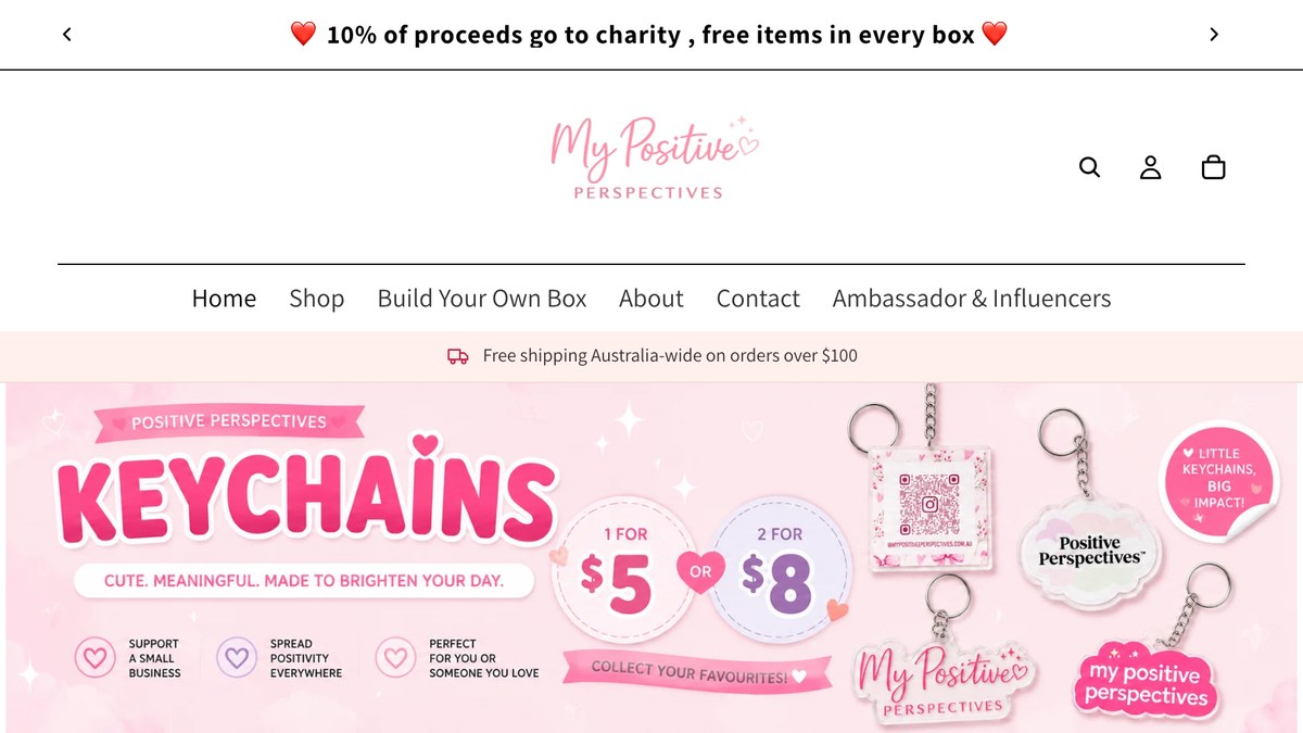 The My Positive Perspectives homepage on Shopify, built by JB Digital Barossa: the pink “Keychains, 1 for $5 or 2 for $8” banner under the store’s logo and menu.
