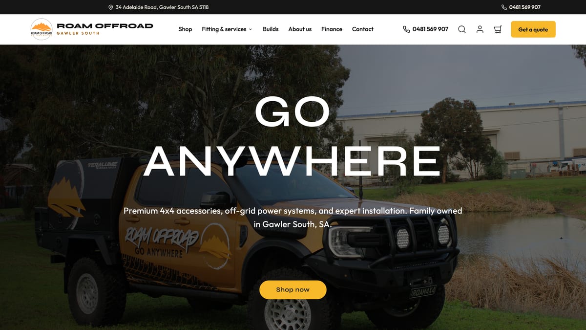 The Roam Offroad homepage built by JB Digital Barossa: “Go Anywhere” over the Roam Offroad ute in Gawler South. Roam’s Google clicks rose 75% in the 28 days to 9 Oct 2026.