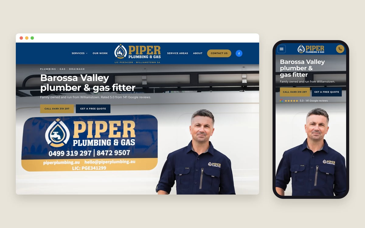The new Piper Plumbing & Gas homepage on a desktop screen and a phone, with Craig beside the Piper van and the line “Barossa Valley plumber & gas fitter”.