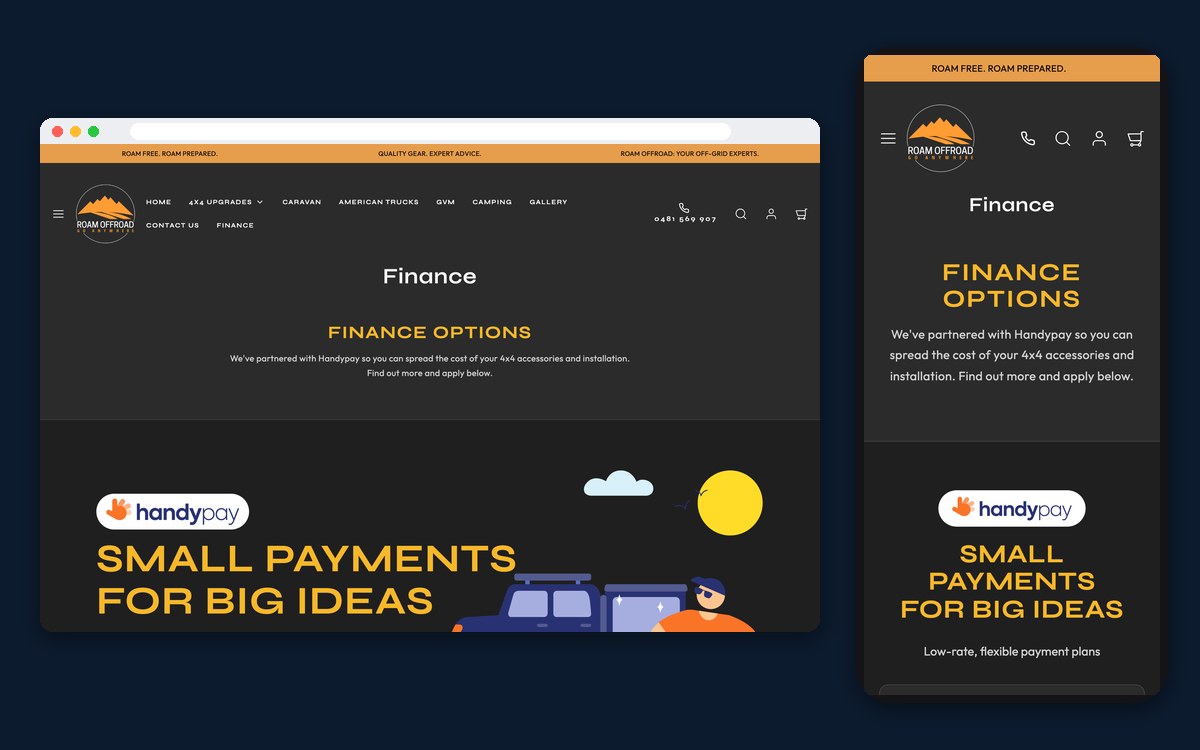 Roam Offroad’s new Finance page on a desktop browser and a phone: the Handypay logo and the headline “Small payments for big ideas” in Roam’s dark grey and gold.
