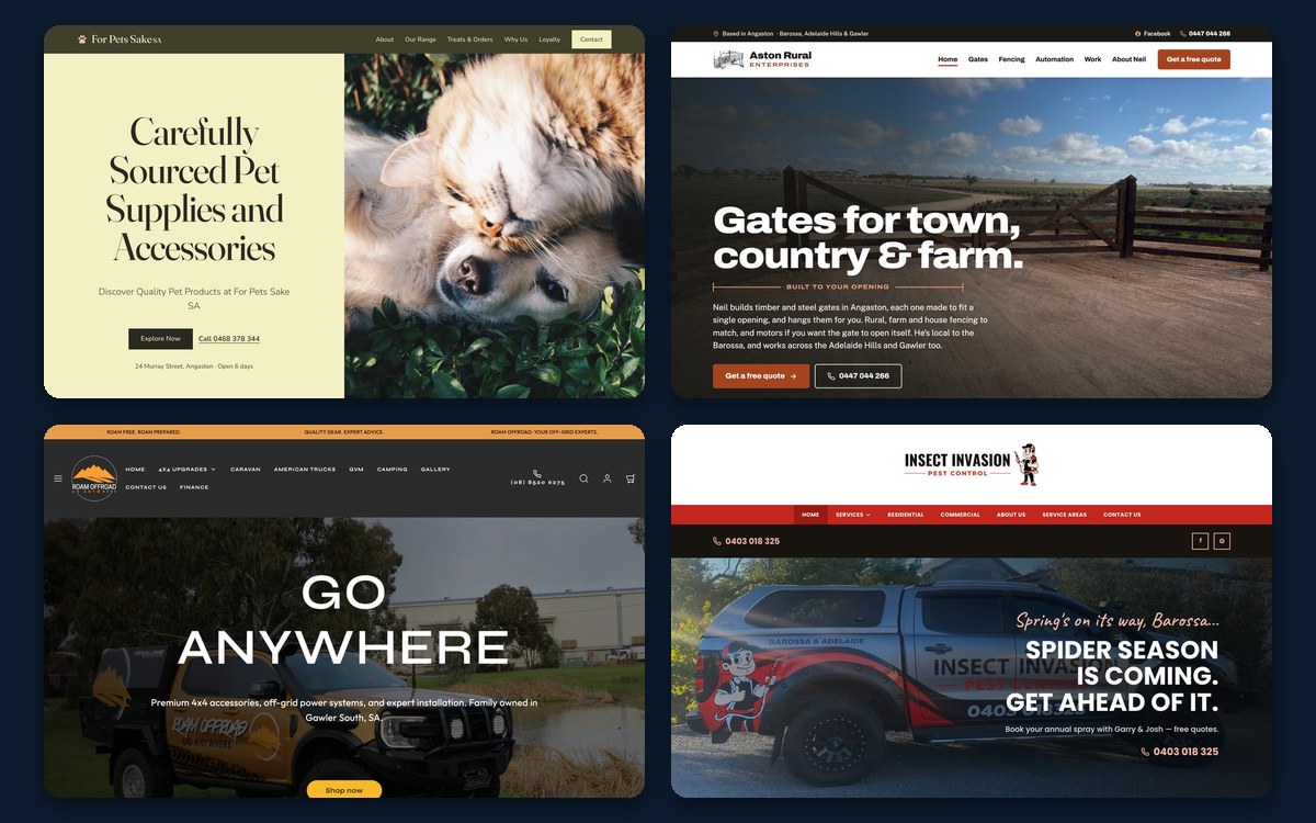 Four recent projects: the For Pets Sake SA homepage with a cat and dog in the grass, the Aston Rural Enterprises homepage with a timber farm gate, the Roam Offroad homepage with a fitted-out 4x4, and the Insect Invasion homepage with the pest-control ute.