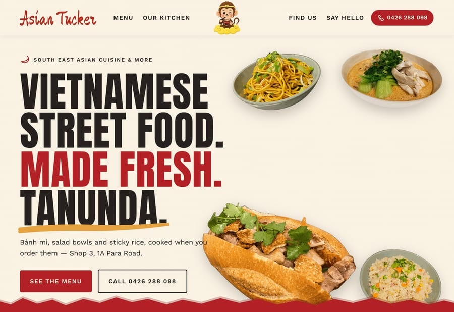 The Asian Tucker homepage by JB Digital Barossa, with the headline Vietnamese street food. Made fresh. Tanunda. beside bowls of noodles and a banh mi.