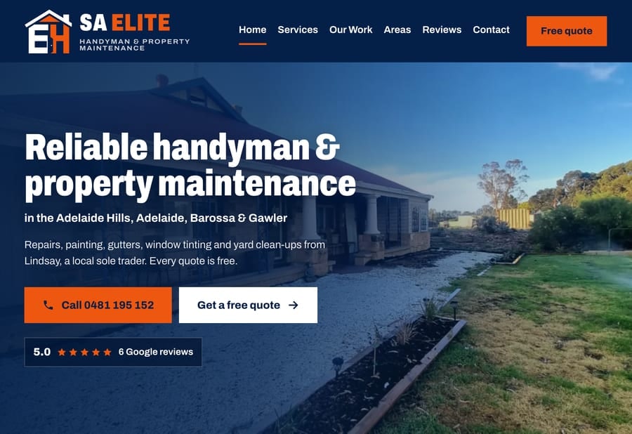 The SA Elite Handyman homepage by JB Digital Barossa, with the headline Reliable handyman and property maintenance over a photo of a tidied front yard.
