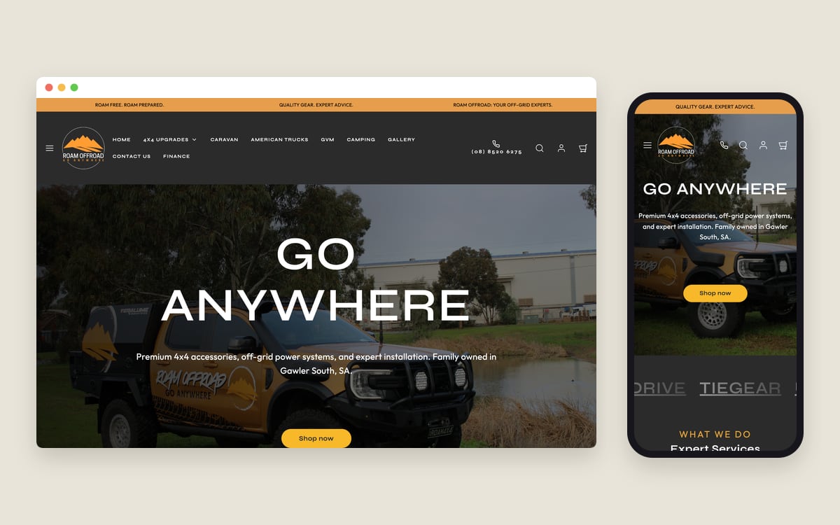 The Roam Offroad store homepage on a desktop screen and a phone, with the heading GO ANYWHERE over a Roam Offroad ute.