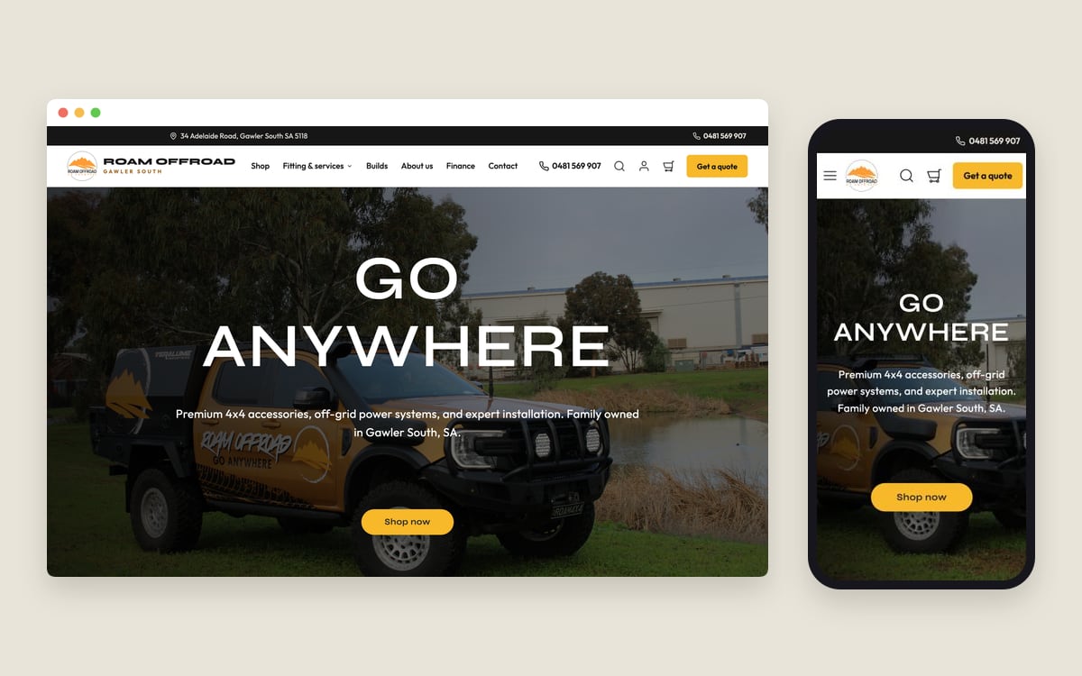 Roam Offroad website on desktop and mobile, showing a branded 4x4 ute under the headline “Go Anywhere”