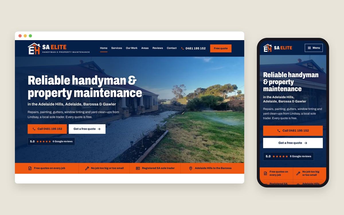 The SA Elite Handyman & Property Maintenance homepage on a desktop screen and a phone, with a navy and orange header, a stone homestead photo and Call and Get a free quote buttons.