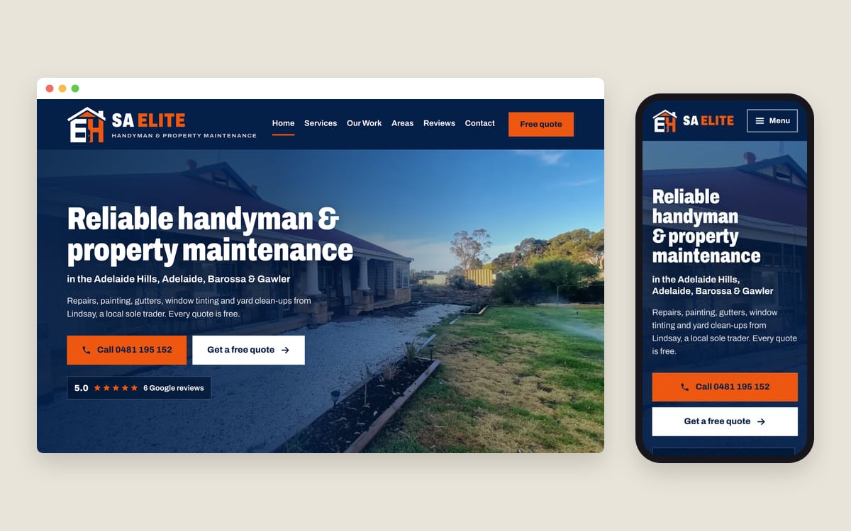 SA Elite Handyman website shown on desktop and mobile, headline “Reliable handyman & property maintenance” over a tidy garden
