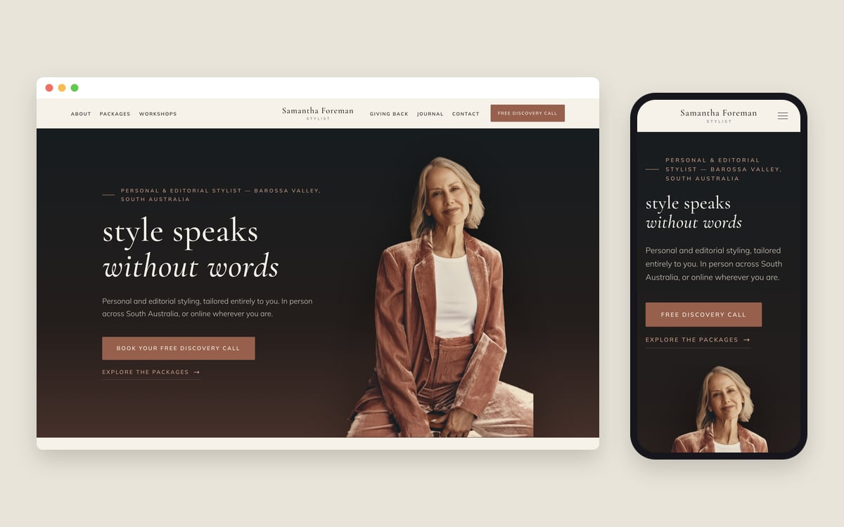 The Samantha Foreman Stylist homepage on a desktop screen and a phone, with her portrait in a dusty-rose velvet suit and the line “style speaks without words”.