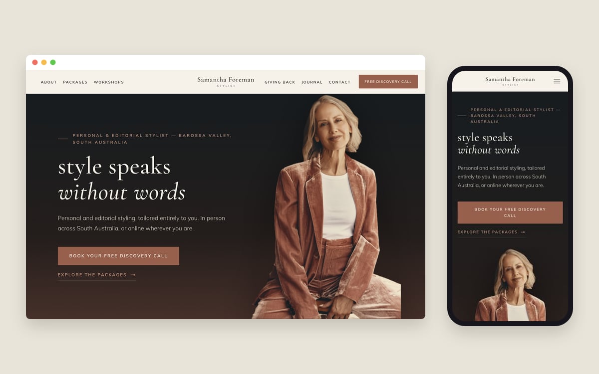Samantha Foreman Stylist website on desktop and mobile: a woman in a rose velvet suit and “style speaks without words”