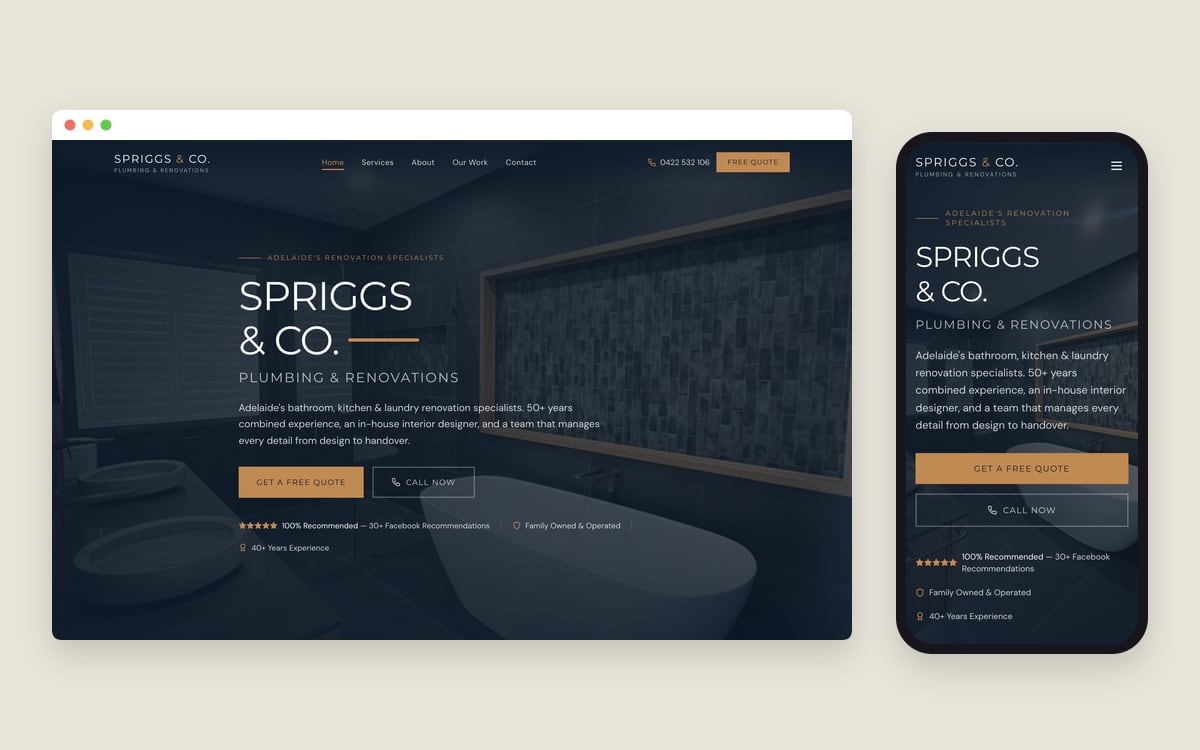 The Spriggs & Co Plumbing & Renovations homepage on a desktop screen and a phone, with a dark bathroom photo behind the logo and Get a Free Quote and Call Now buttons.