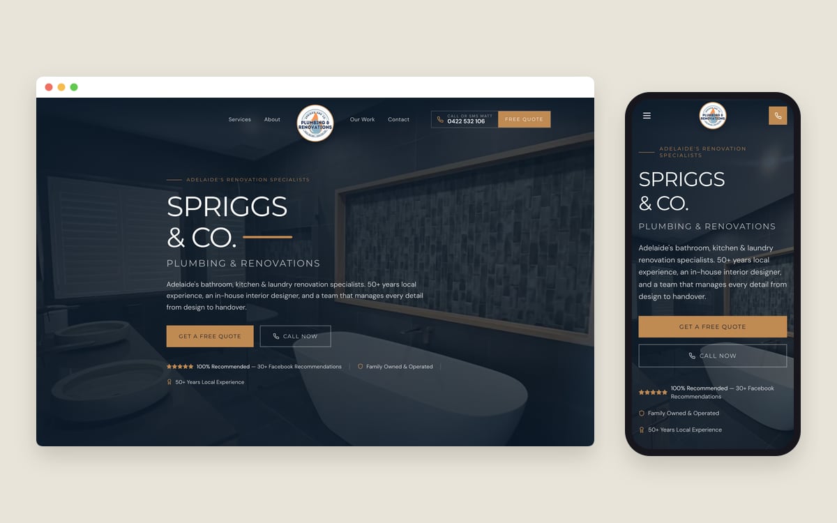 Spriggs & Co website on desktop and mobile, showing a dark bathroom renovation hero with freestanding bath