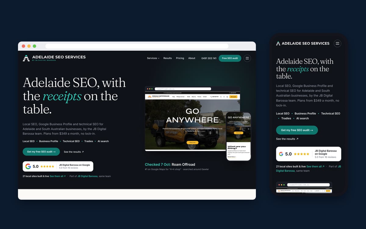 The Adelaide SEO Services homepage on a desktop browser and a phone, with the new logo in the header and the headline Adelaide SEO, with the receipts on the table.