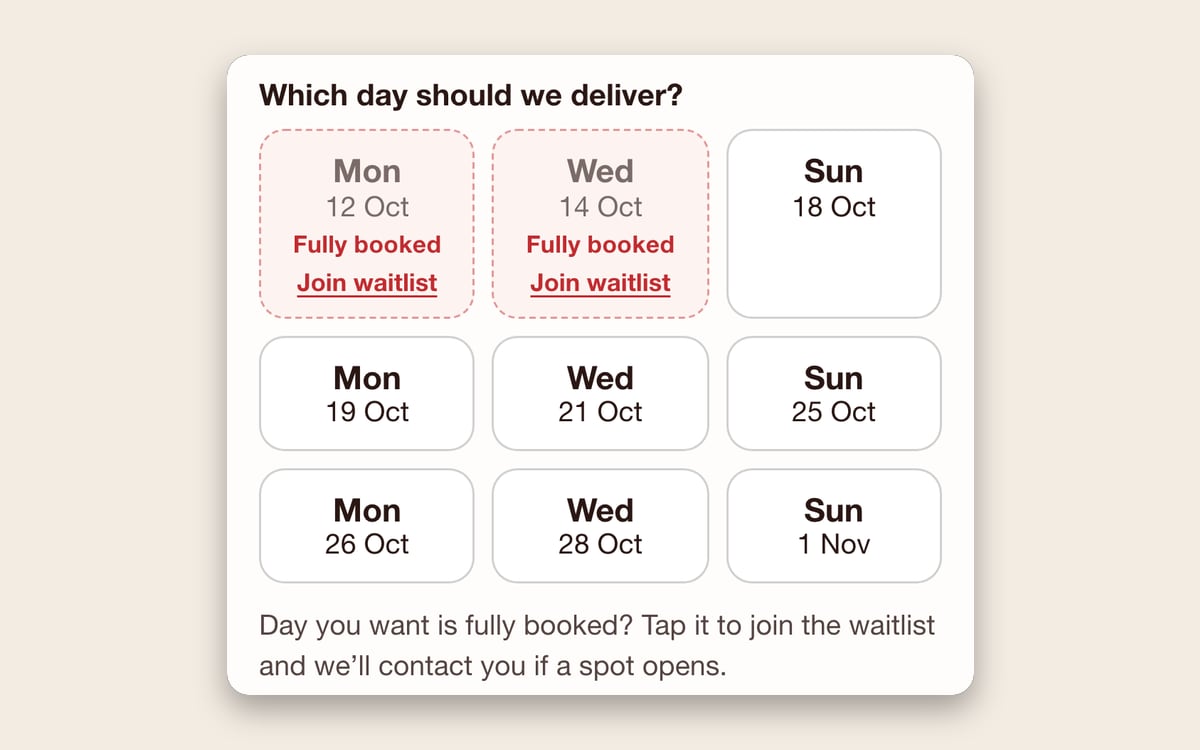 The delivery-day picker on the Auggies order page: Monday and Wednesday are marked fully booked with a Join waitlist link, and Sunday and the next two weeks are open.