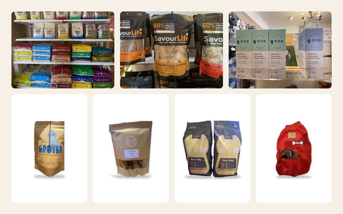 Photos from For Pets Sake in Angaston: shelves of dog food, SavourLife treats and Good Country hemp oil boxes, above product cut-outs on white of a Grover meal topper, a bag of bull tendons, Wee Kitty litter and a red dog jumper.
