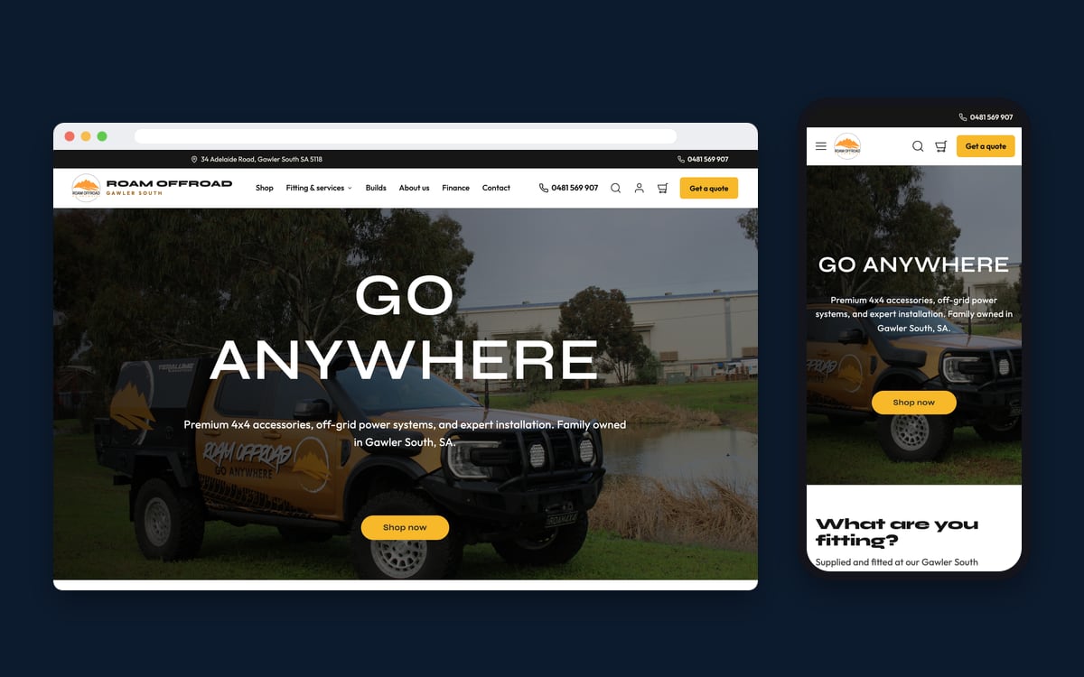The redesigned Roam Offroad store on a desktop browser and a phone: the new menu, the Get a quote button and the Go Anywhere hero over a yellow Roam ute.