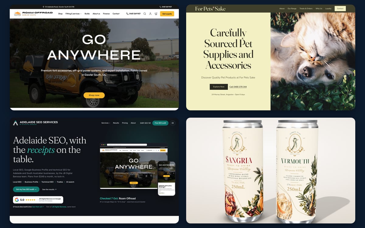 Four recent projects: the redesigned Roam Offroad store with a fitted-out ute under the words Go Anywhere, the For Pets Sake homepage with a cat and dog in the grass, the Adelaide SEO Services homepage with its new logo, and the Turkey Flat Sangria and Vermouth cans.