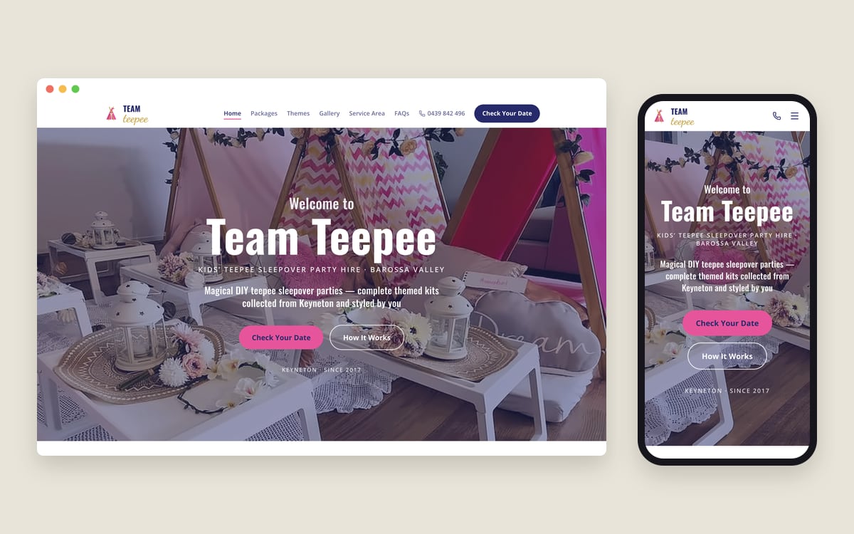 The Team Teepee homepage on a desktop screen and a phone, with a styled boho teepee sleepover and the Check Your Date button.