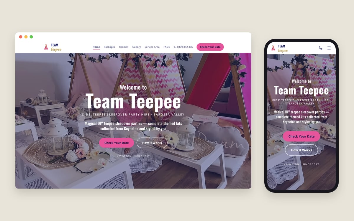 Team Teepee website shown on desktop and mobile, with kids’ teepee sleepover party setup and Check Your Date button