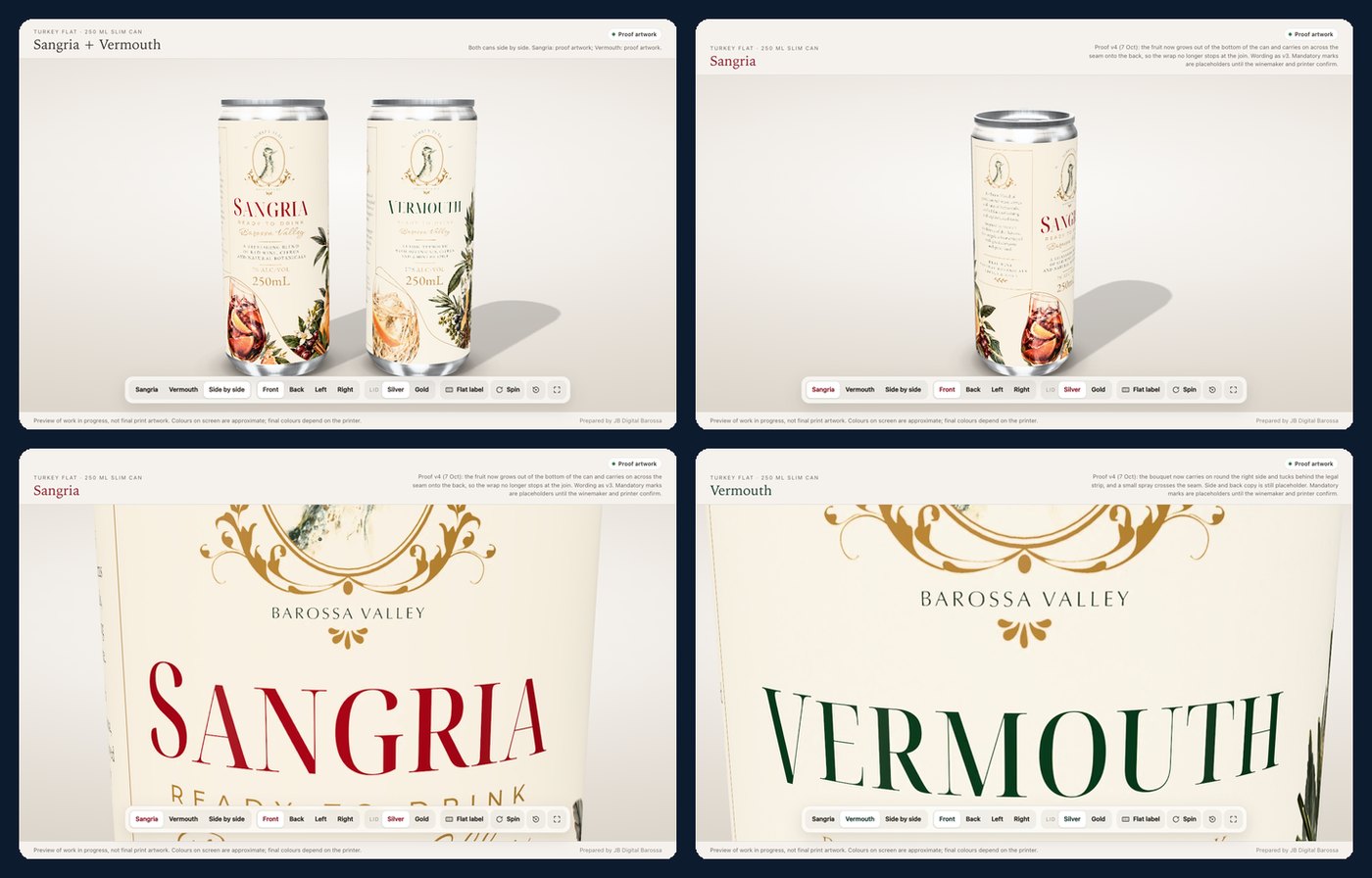 Four stills from the 3D proof viewer: both cans side by side, the Sangria can turned to show its side, and close-ups of the Sangria and Vermouth title type on the curved can.