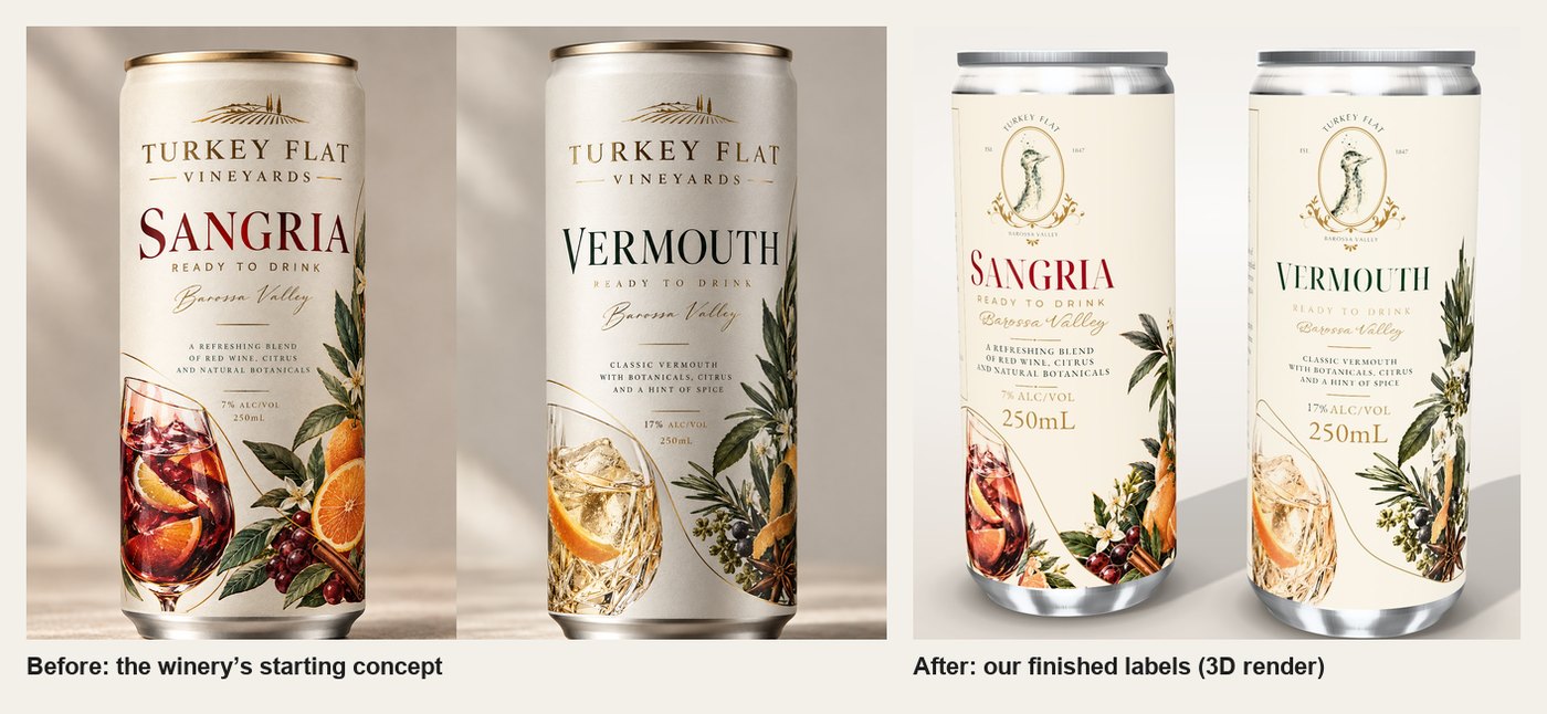 Before and after: the winery’s concept cans with plain Turkey Flat Vineyards type at the top, next to our finished labels with the Turkey Head logo, rendered in 3D.